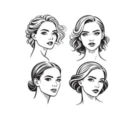 Set of stylized woman faces. Modern single line art. Woman beauty fashion concept, minimalistic style Black and white