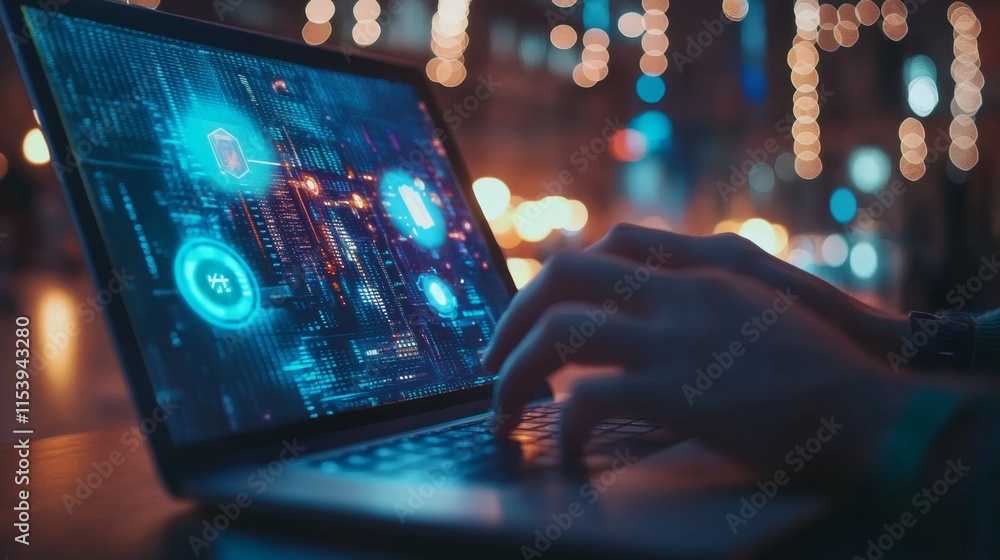 Poster digital innovation unleashed hands on laptop with advanced technology in urban setting futuristic en