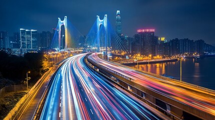 Nighttime cityscape featuring a bridge and light trails from vehicles.