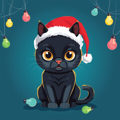 A funny black cat in a festive Santa hat plays with a New Year's garland.