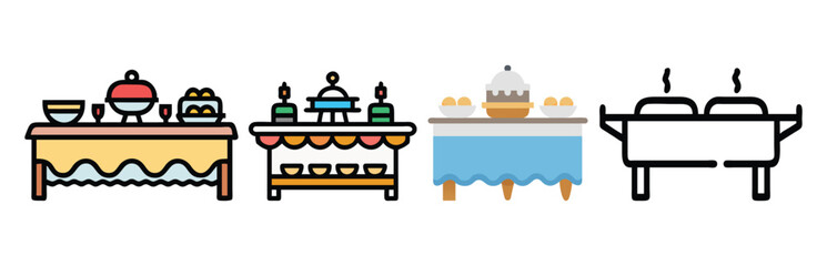 Buffet Table Illustrations in Color and Line Art, Set of four buffet table illustrations featuring food, table settings, and decor in colorful and minimalist line art styles, ideal for event or dining