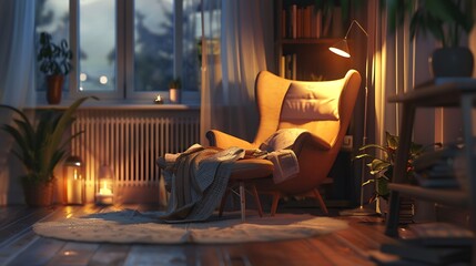 Soft lighting a comfortable chair and a cozy atmosphere