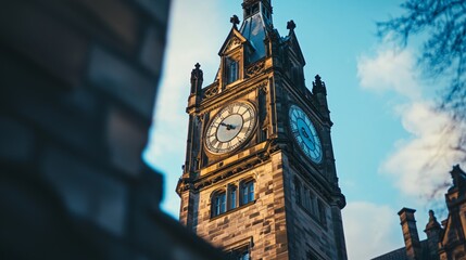 Historic Clock Tower Against Blue Sky with Vintage Architecture Details
