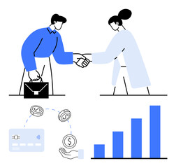 Business partners shaking hands with briefcase, wallet and coins symbolizing transactions, and a bar graph indicating financial growth. Ideal for business deals, finance, partnerships, agreements