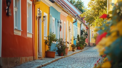 Fototapeta premium Colorful Houses Lining a Charming Cobblestone Street in Summer