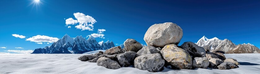 Breathtaking Rocky Landscape Under Clear Blue Sky with Snowy Mountain Peak in Background