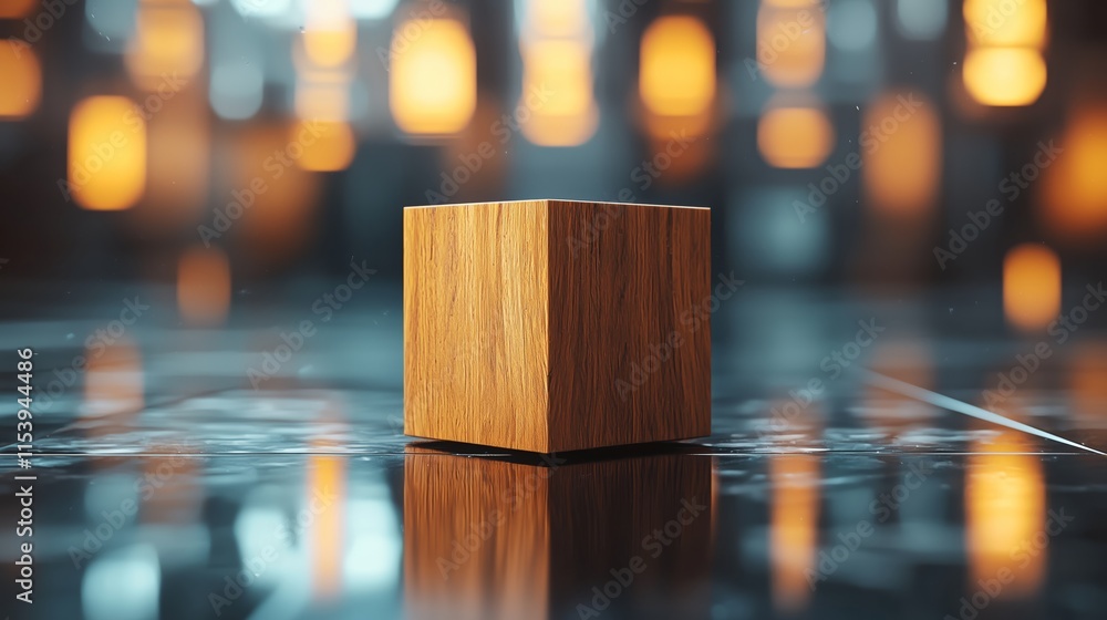 Poster wooden cube on reflective surface with soft background lights