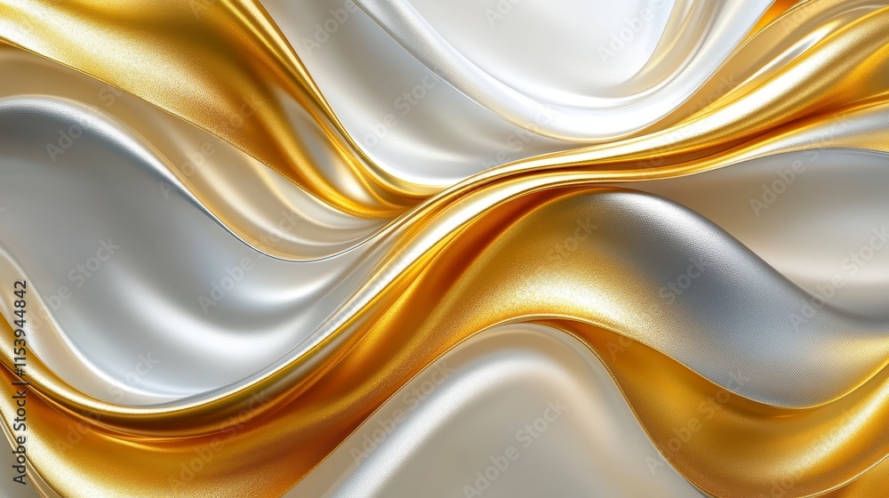 Poster a fluid, elegant display of gold and silver waves, showcasing a smooth texture and shimmering light 