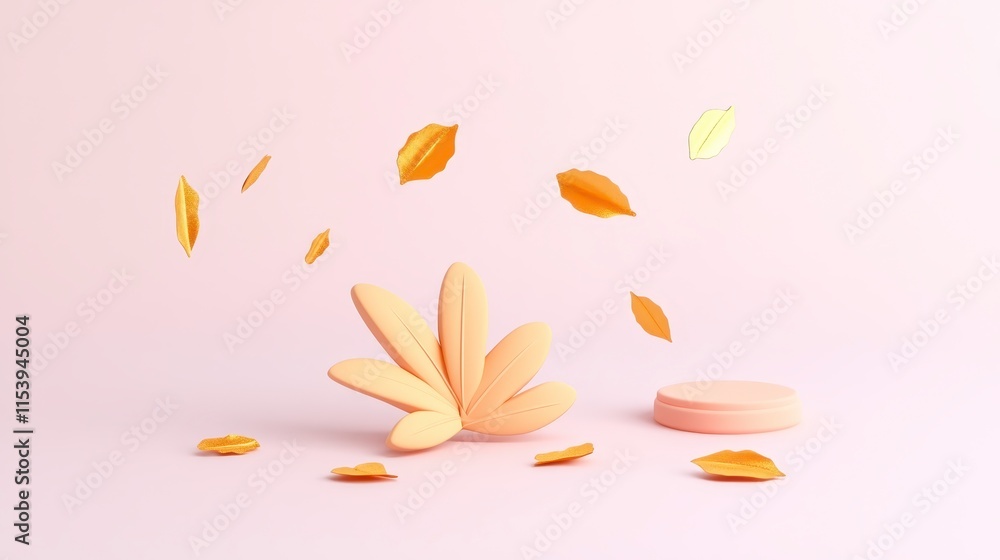Poster a playful arrangement of pastel macarons and floating leaves on a soft pink background, creating a w