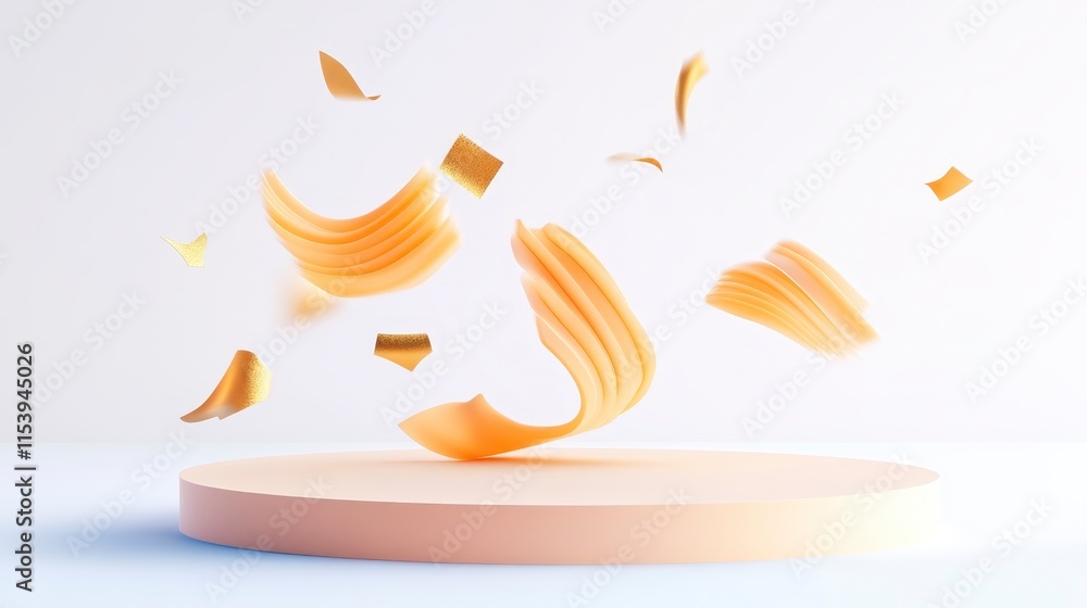 Poster a dynamic composition of floating golden-orange shapes above a circular platform against a light bac