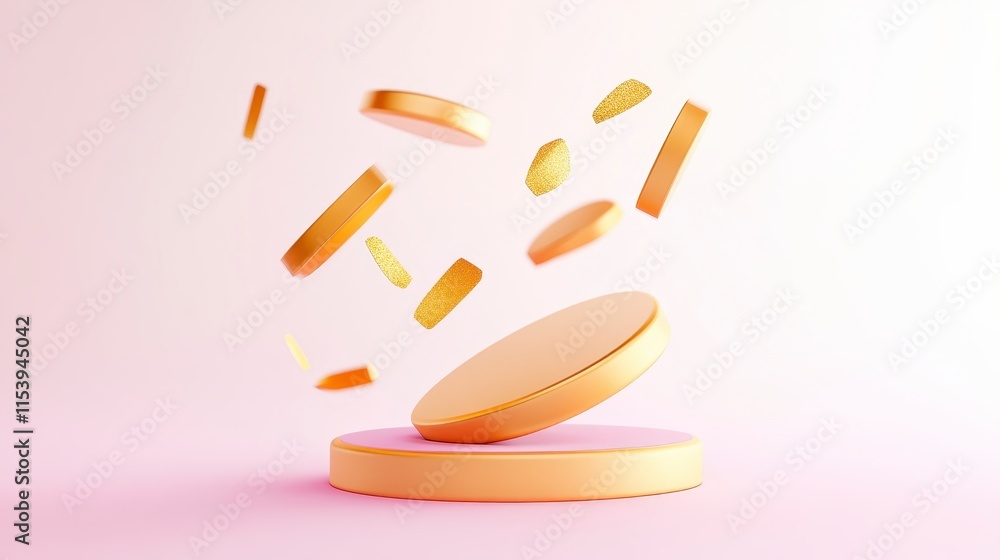 Poster a floating arrangement of golden coins and bars against a soft pink background, creating a visually 