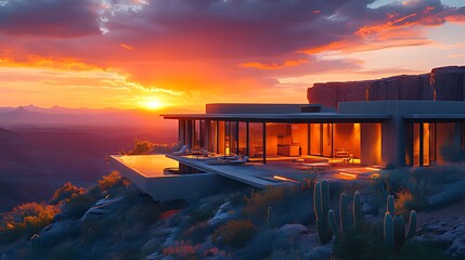 Modern desert house with infinity pool at sunset.