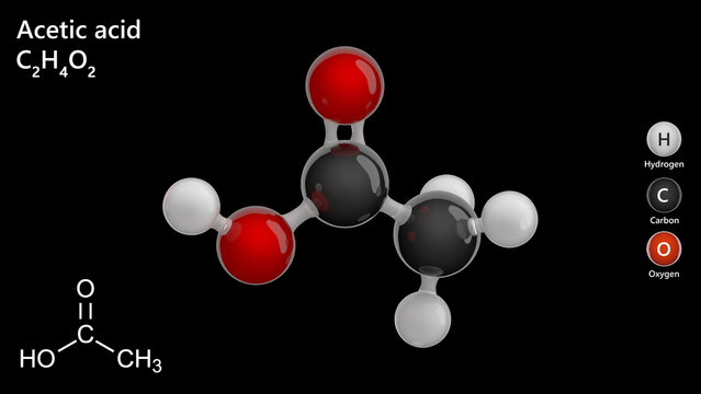 Acetic Acid or Ethanoic acid. E260 Food additive. Animated 3D model of a molecule. Molecular formula: C2H4O2. Chemical model: Ball and stick. Black background. 3D rendering. Seamless loop.