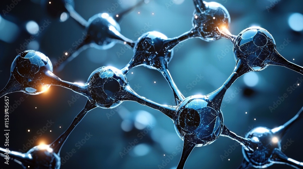 Aufkleber close-up view of interconnected molecular structures in blue tones.