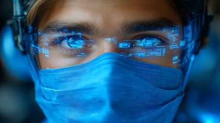 Close-up of a person wearing a mask and futuristic glasses.