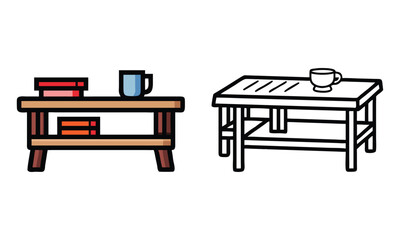 Coffee Table with Books and Mug Illustrations, Set of two coffee table illustrations featuring books and a mug in colorful and line art styles, ideal for decor or lifestyle themes.
