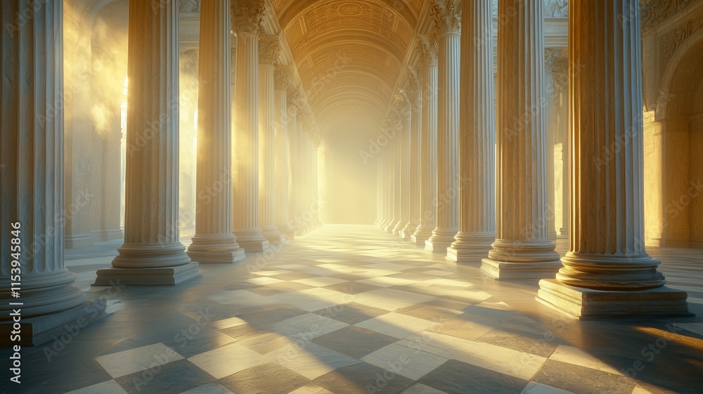 Poster majestic hall with columns and soft light in an elegant space
