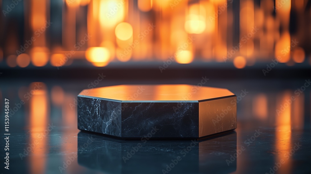 Poster elegant hexagonal black marble display stand on reflective surface