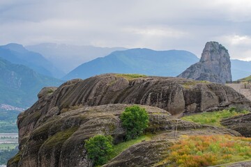 Beautiful view of the bizarrely shaped mountains. Mountain landscape with rocks of Meteora...