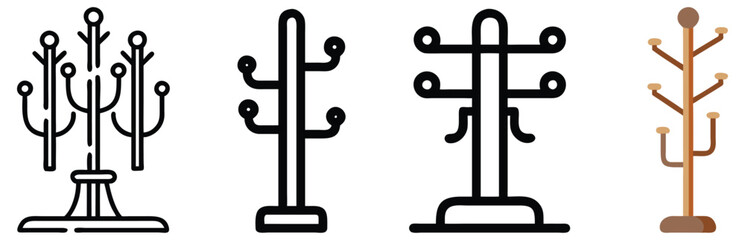 Coat Rack Line Art and Minimalist Icons, Set of four coat rack illustrations in line art and minimalist styles, featuring modern and wooden designs, ideal for decor concepts.
