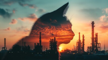 Fototapeta premium Cat silhouette at sunset over industrial landscape abstract photography urban environment artistic viewpoint