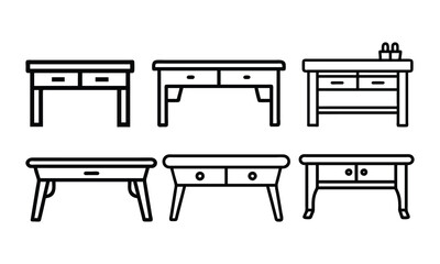 Minimalist Black and White Table Illustrations, Set of six minimalist black-and-white table designs in line art style, showcasing various styles with drawers, ideal for design projects.
