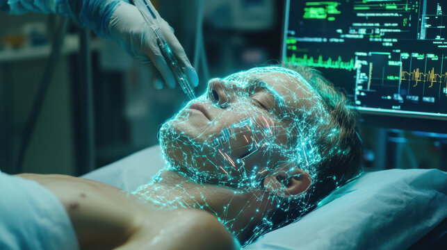 3000s, A futuristic medical scene featuring a patient undergoing a procedure with glowing digital projections on their face.