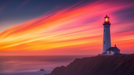 Majestic Lighthouse Against Vibrant Sunset Sky Over Ocean Waves