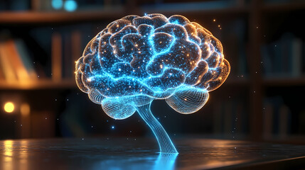 Glowing digital brain model with luminous connections on a wooden surface
