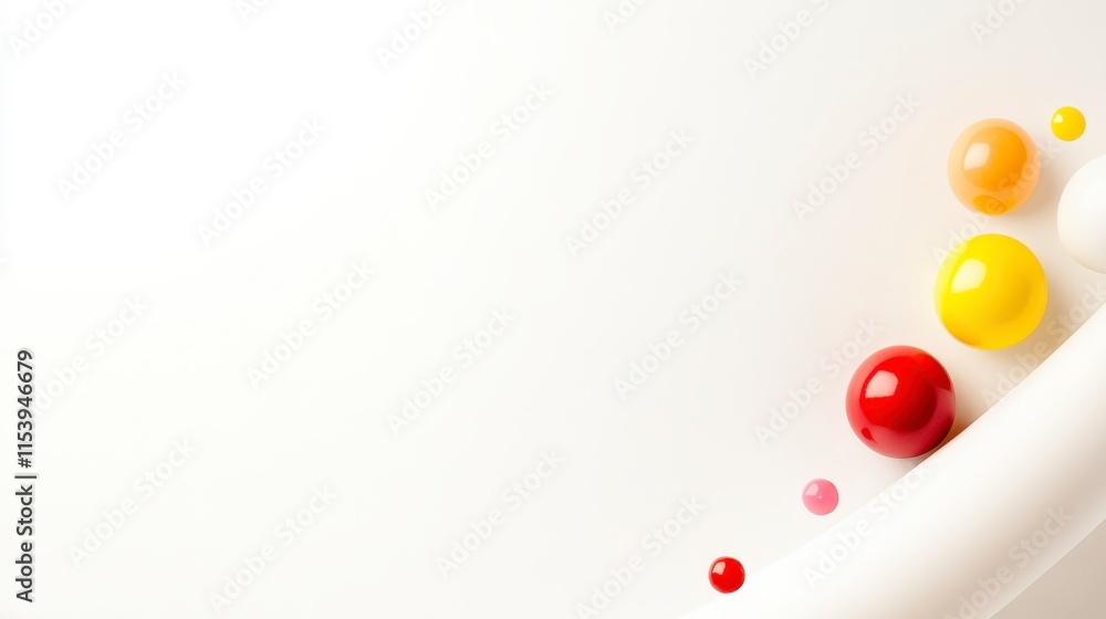 Poster a minimalist image featuring colorful spheres arranged along a smooth surface, creating a vibrant an