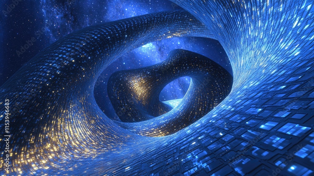 Poster a futuristic digital landscape with twisting structures and glowing lights in a cosmic setting.
