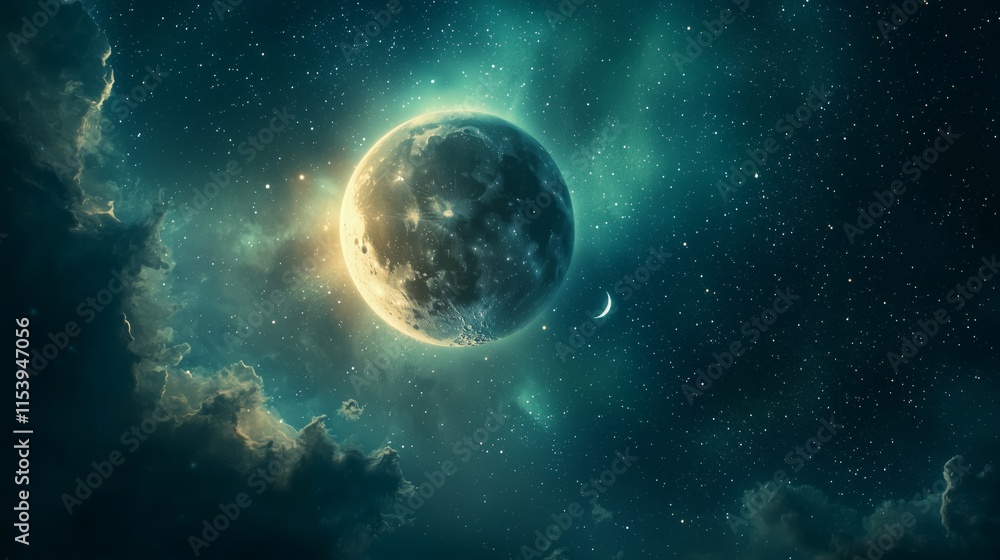 Poster moon and stars in deep space with ethereal clouds and light effects