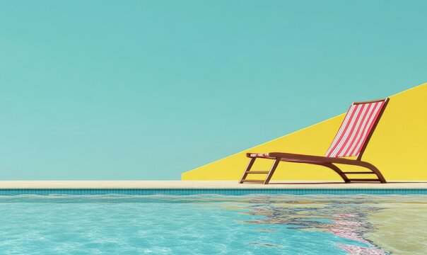 A red and white lounge chair is sitting on a pool deck