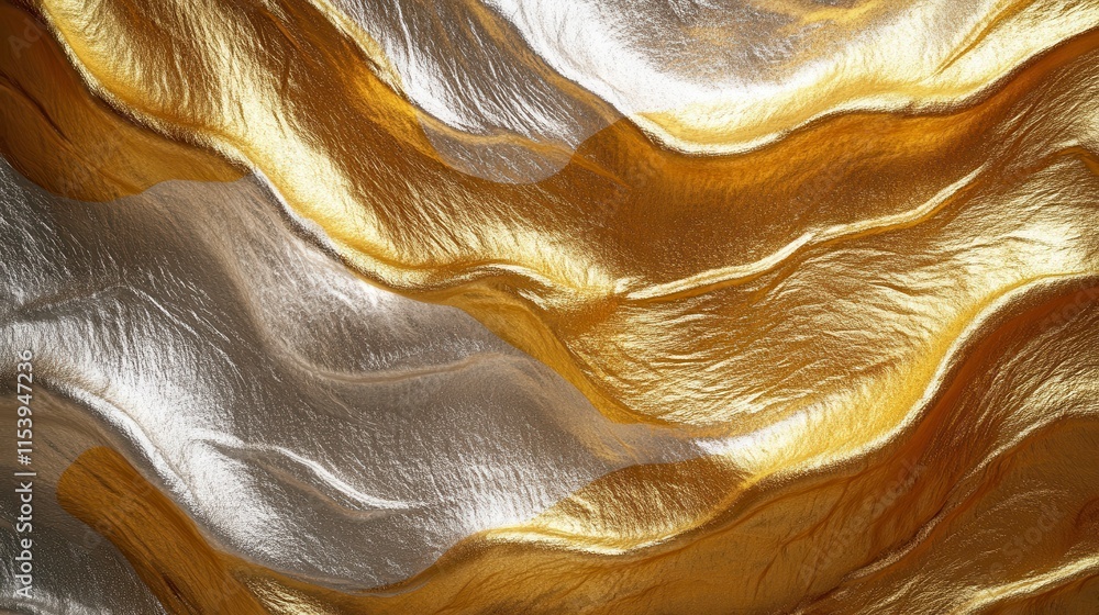 Poster a shimmering wave pattern in gold and silver textures, creating a luxurious and elegant visual effec