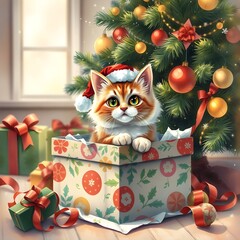 cat wearing santa hat in gift box