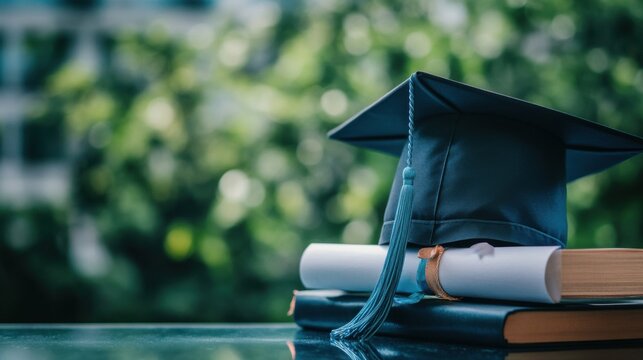 Gorra de graduación sobre libros de éxito académico