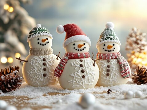 Festive Trio of Charming Snowman Cookies, Creatively Icing-Adorned, Winter Wonderland Scene