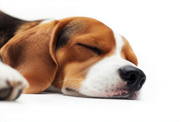 Portrait of Beagle isolated on white background, Selective focus sleep posture dog for commercial advertisement, Sleepy puppy.