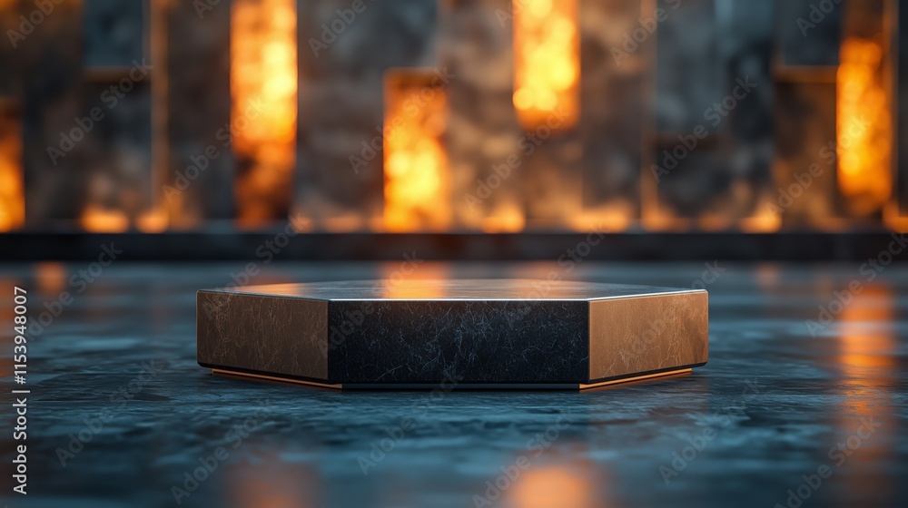 Poster modern hexagonal display pedestal with warm ambient lighting