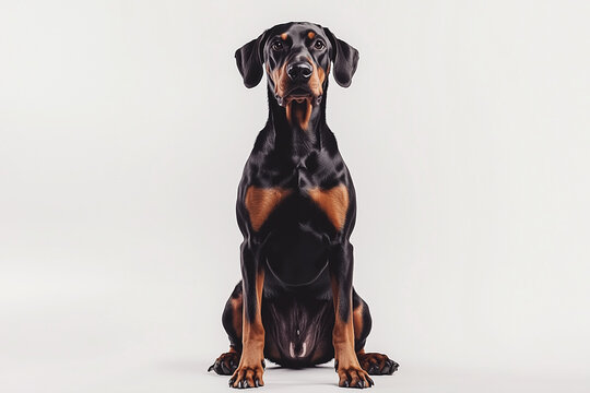 Portrait of black Doberman isolated on white background, Selective focus elegant sit dog on white background.