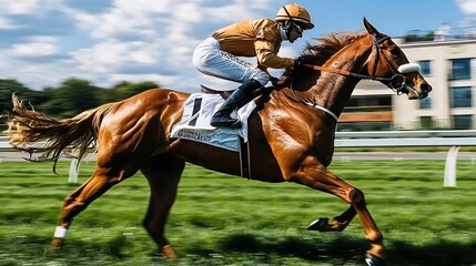 Powerful close up shot of a racehorse mid gallop on the racetrack showcasing the incredible speed energy and athletic prowess of the magnificent animal as it races towards the finish line