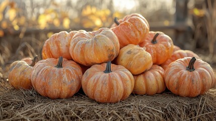Fototapeta premium Charming Collection of Vibrant Orange Pumpkins on Straw Background