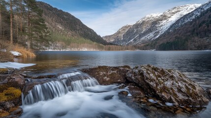 Naklejka premium Crystal Clear Lake with Waterfall and Mountain Backdrop