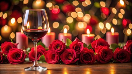 A wine glass sitting on a table surrounded by red roses and candles with soft lighting, decor