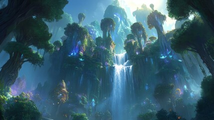 Serene Waterfall in a Lush Green Forest