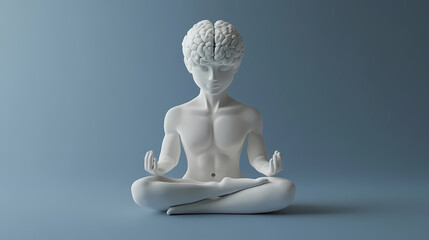 3D figure of a meditating person with a brain on a minimalist blue background