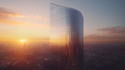 Modern skyscraper at sunset with vibrant reflections and skyline