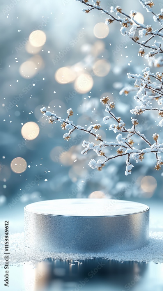 Poster snowy scene with round display podium and soft bokeh background