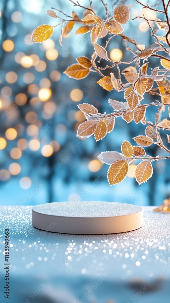 Poster snowy background with frosted leaves and circular platform display