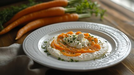 Delicious Carrot Puree Garnished With Herbs and Served on a White Plate Alongside Fresh Carrots in a Rustic Kitchen Setting